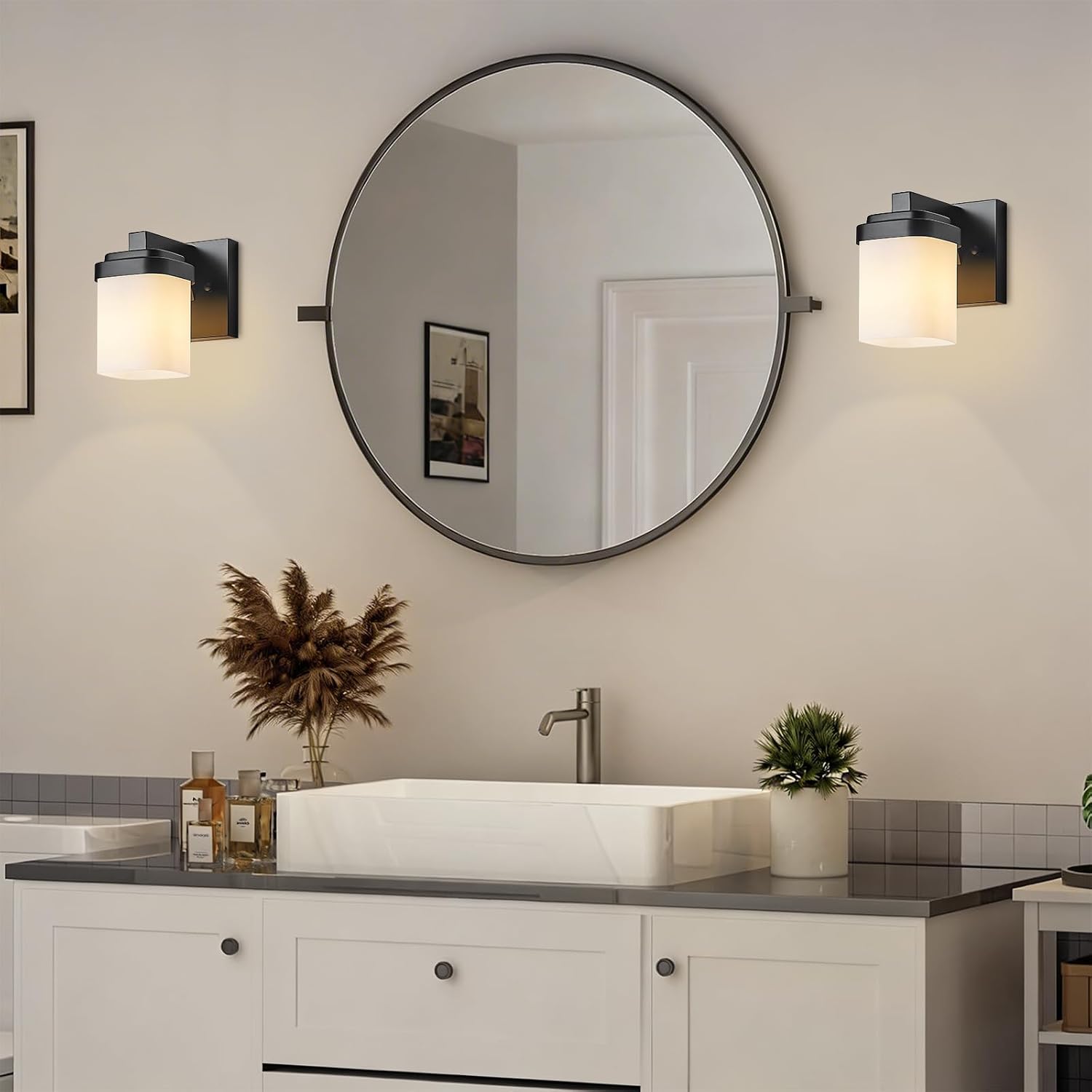 4.72 Inches Bathroom Vanity Lights, 1-Light Black Bathroom Llight Fixtures Over Mirror with Milky White Square Glass Shade, Modern Farmhouse Bathroom Wall Lamp, Wall Sconces Set of Two