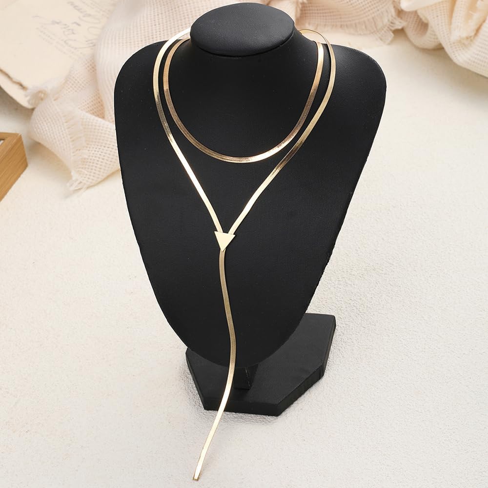 Gold Layered Choker Pendant Necklace for Women Silver Triangle Long Thick Snake Chain Statement Necklace Herringbone Y Chain Jewelry Gift - Image 3