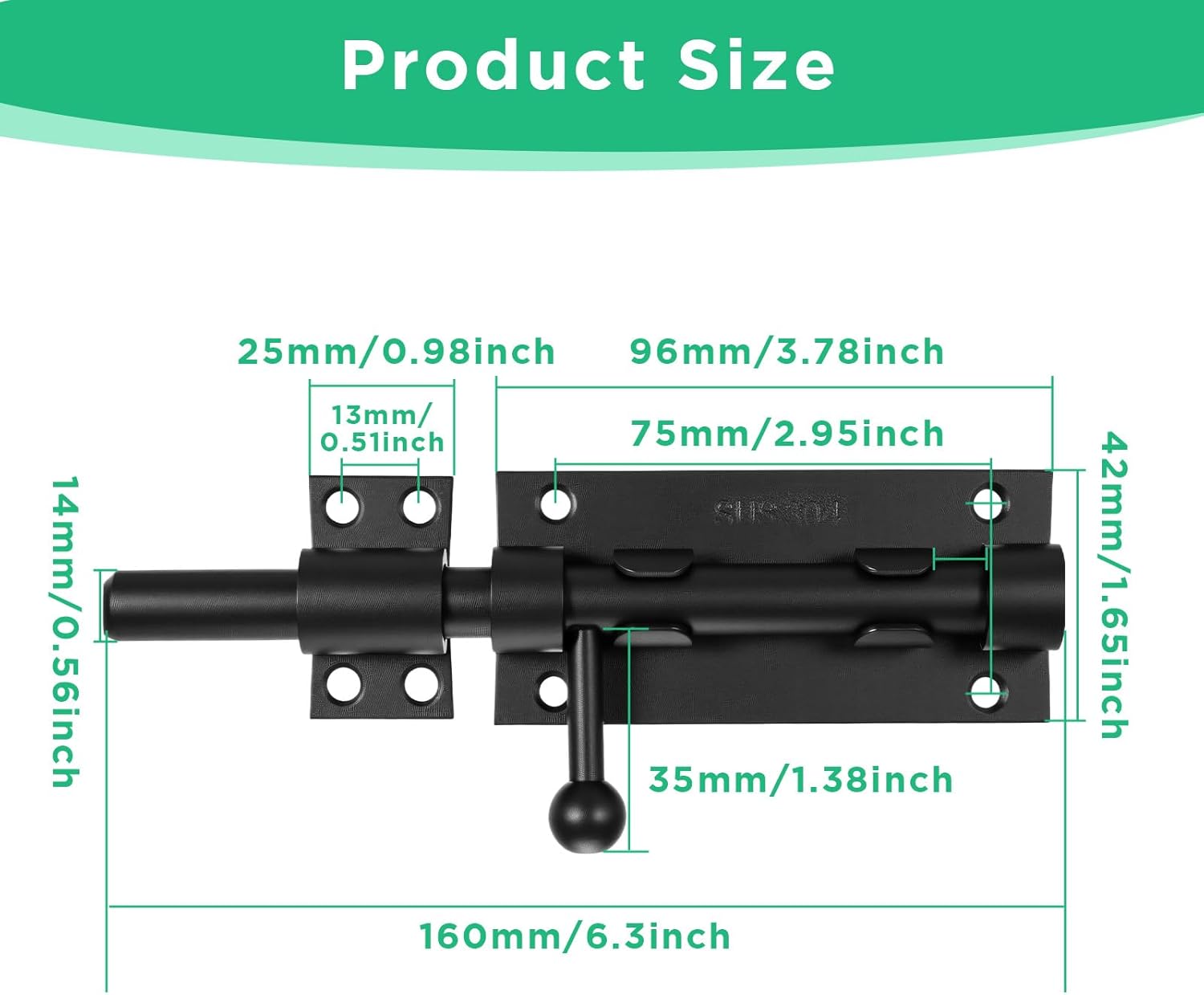 2 Pack 6.3 Inch Heavy Duty 304 Stainless Steel Sliding Bolt Gate Latch – Black, Rust-Proof with Padlock Hole
