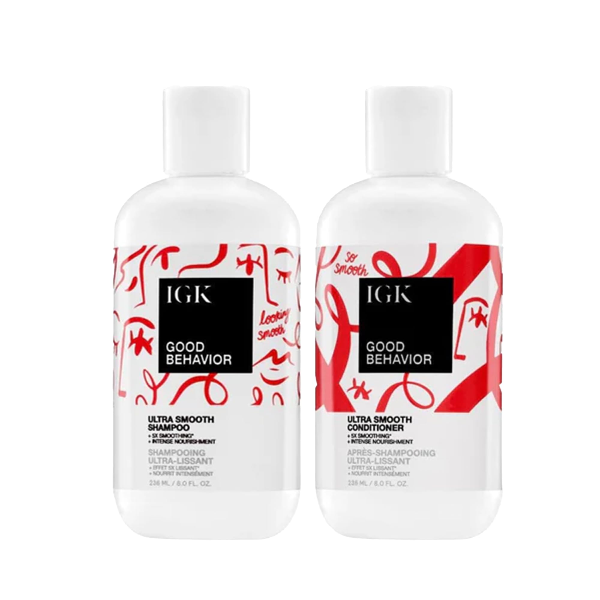 IGK GOOD BEHAVIOR Ultra Smooth Shampoo and Conditioner Set (8 Oz) + Bonus Travel Size Packettes | Volume + Thickening | Vegan + Cruelty-Free |