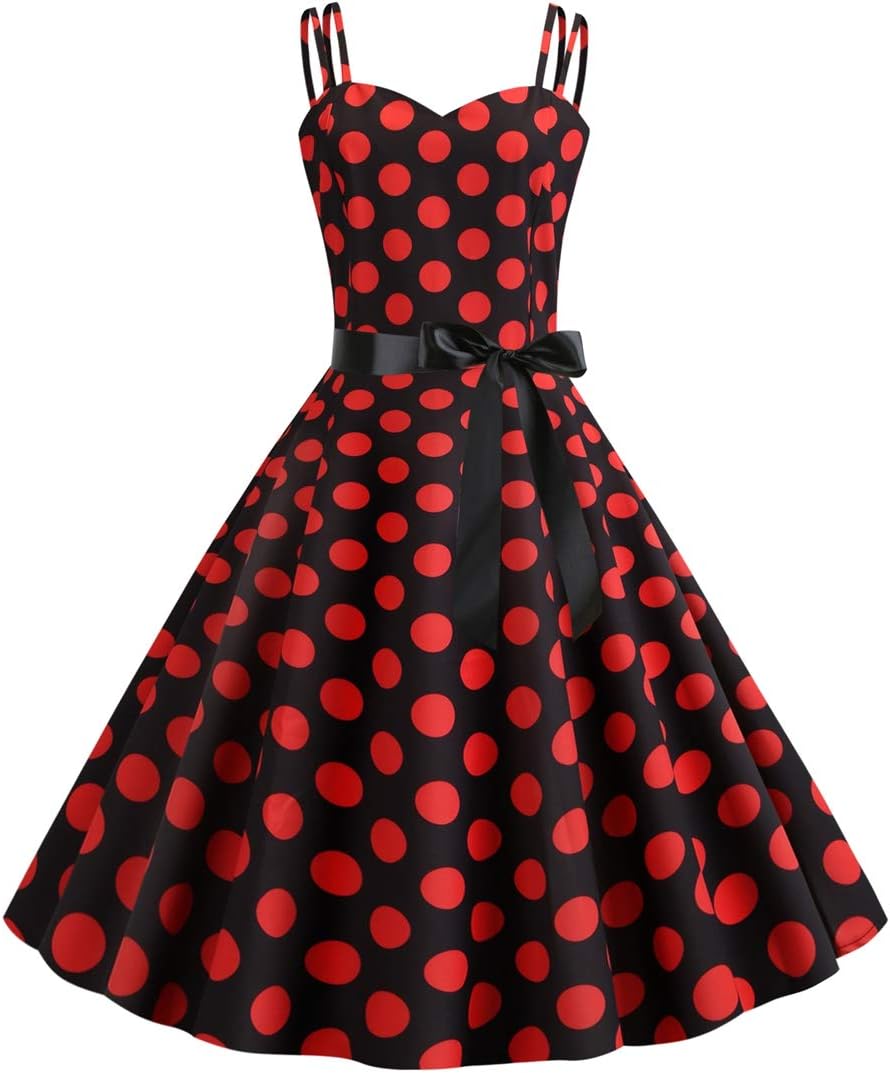 Women Vintage Spaghetti Strap Polka Dot Dress Retro Kuwait Ubuy - Main Image