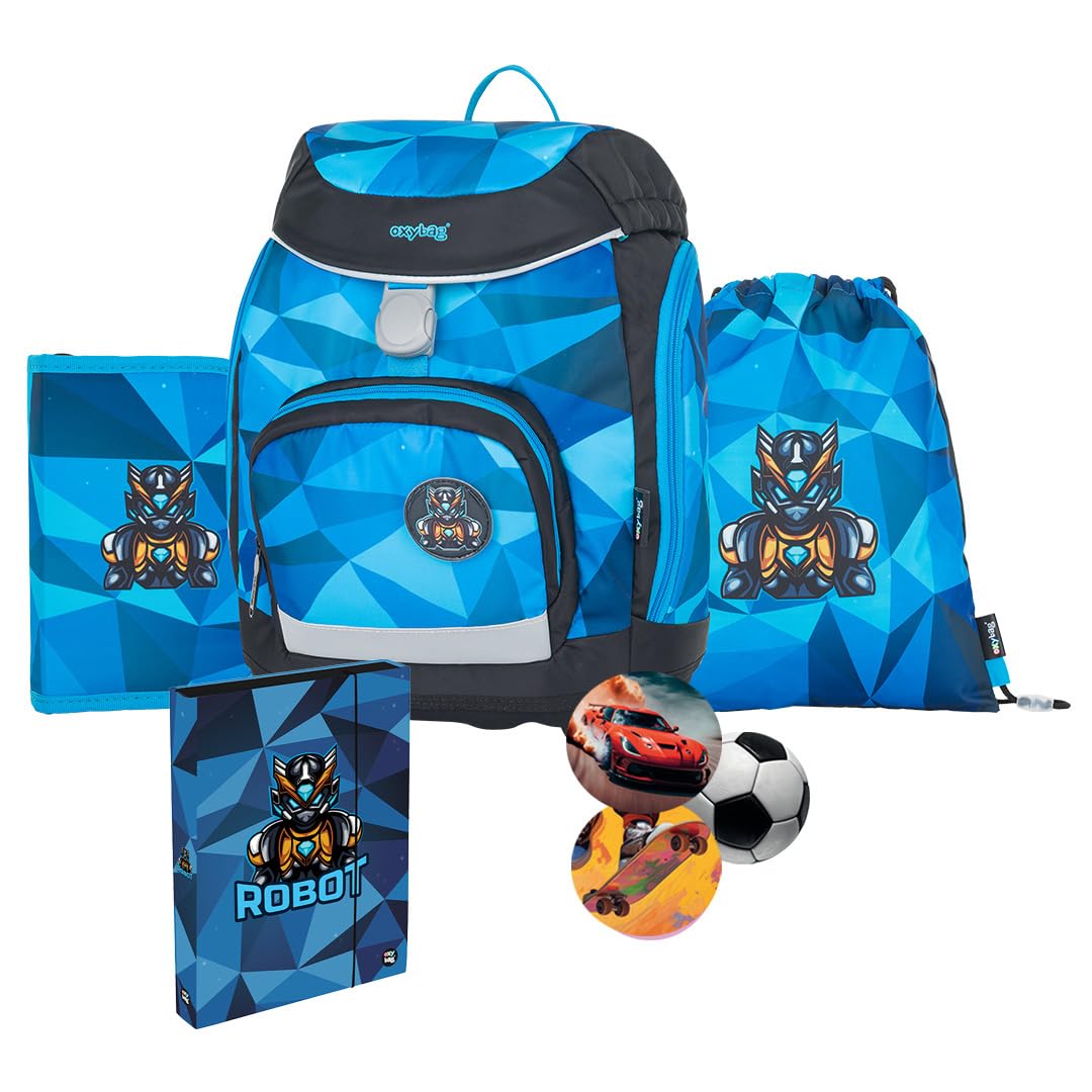 Schulranzen 5 Teilig Robot Ergonomischer Schulrucksack Set Federmappe Turnbeutel & Austauschbaren Patches Leicht Schulset Mädchen Reflektierenden Schultasche für 1. - 3. Klasse Back to School