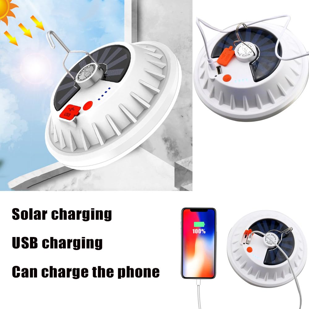 Lanterna solare a LED da campeggio, 120 LED, 6000 lm, 5 modalità, ricaricabile tramite USB, telecomando portatile, torcia da appendere, per pesca all'aperto, emergenza, cortile, giardino, confezione