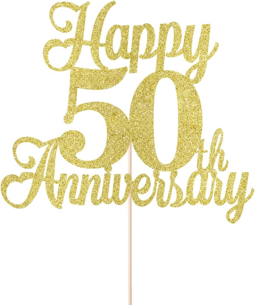 Kaoenla Gold Glitter Happy 50th Anniversary Cake Toppers | 50th Wedding & Company Anniversary, Retirement, Travel & Birthday Party Cake Decor Supplies