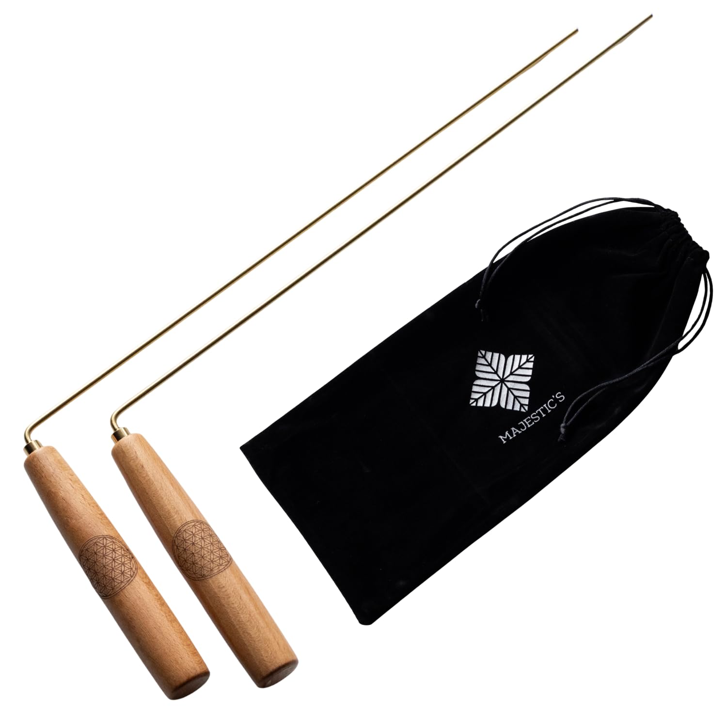 Baguettes de sourcier PRO en Bois de Hêtre, avec Fleur de vie gravée sur le manche - Baguettes de Radiesthésie avec Tige en Métal/Laiton + Sac de Rangement