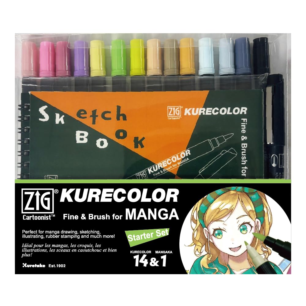 Kuretake Zig Cartoonist KURECOLOR Fine&Brush 14 colours with MANGAKA Black 0.1mm and Skecth book set