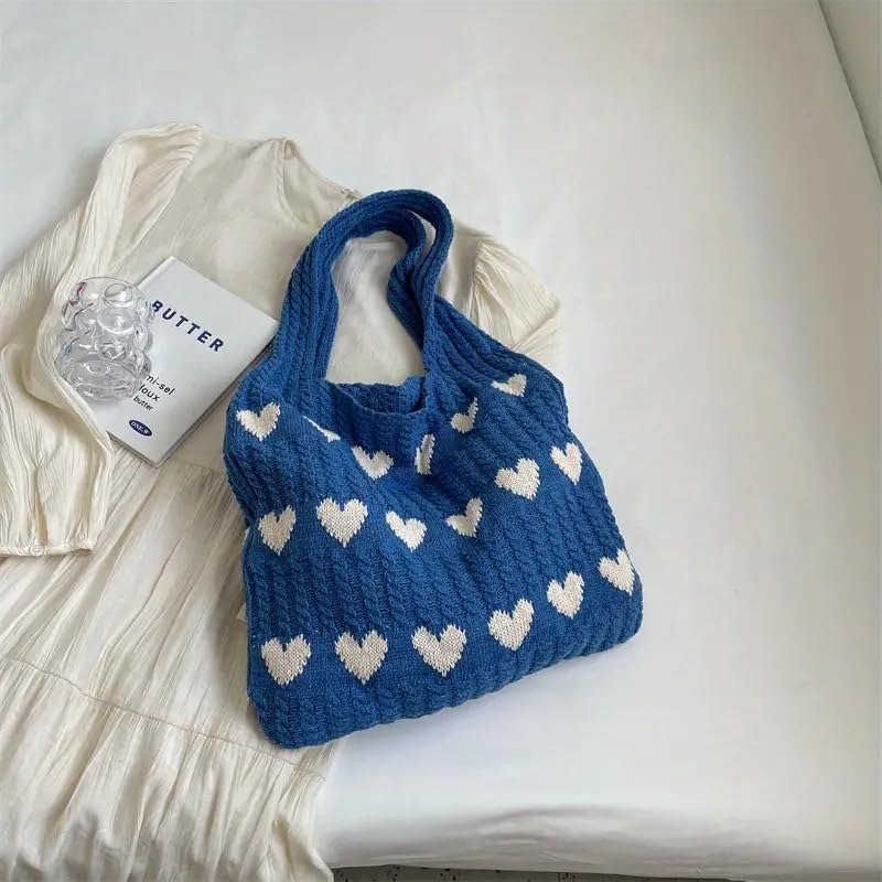 Bolso tote tejido de gran capacidad con diseño de corazón rojo - Bolso casual para hombro y playa para mujeres, ideal para uso diario, bolso tote casual, azul miniatura 3