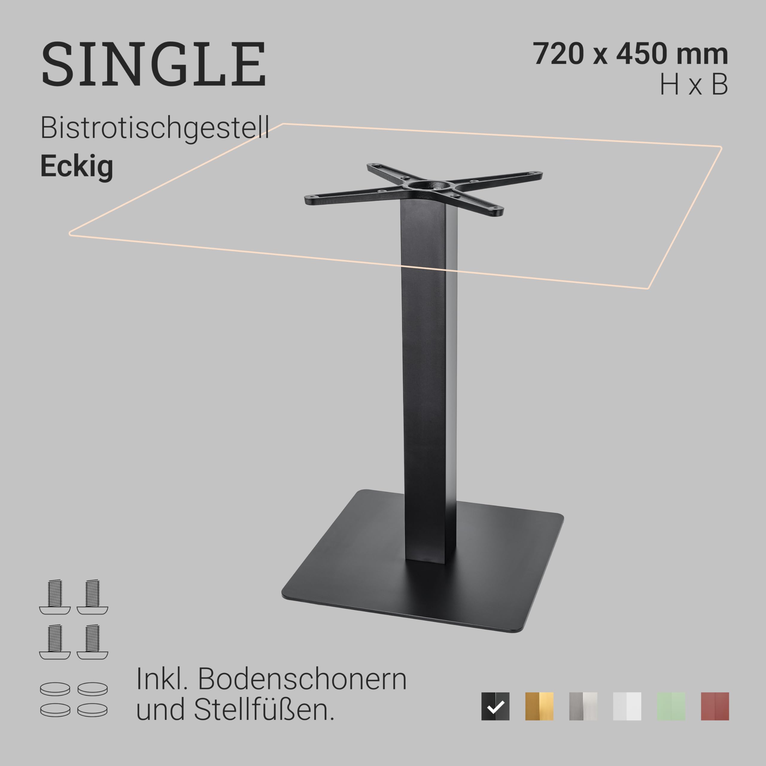 Natural Goods Berlin 1x Bistrotischgestell Single ECKIG - 17kg Bistro Tisch Tischgestell Metall Schwarz Gastro - DIY Tisch Untergestell 720 mm - Für Tischplatten bis 75x75cm oder 80cm Durchmesser