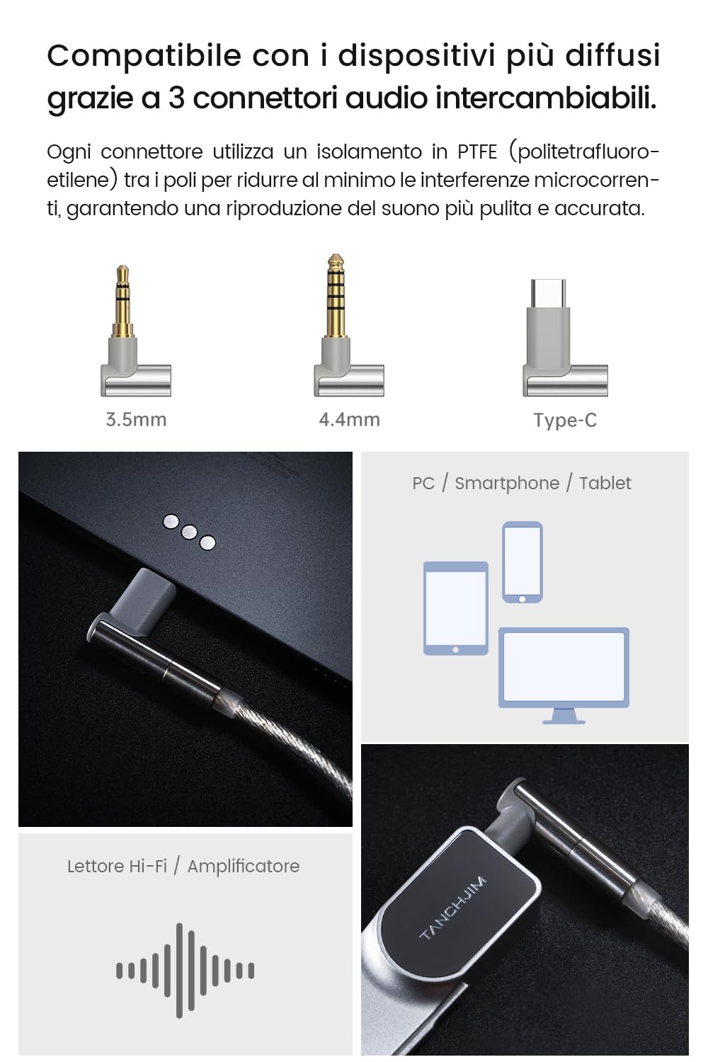 TANCHJIM CABLE X 0,78 2pin Cavo auricolare sostitutivo, aggiornato, placcato argento 1,25 m, cavo HIFI misto argento-rame per cuffie intrauricolari, chip DSP integrato 3,5 mm/4,4 mm/Type-C