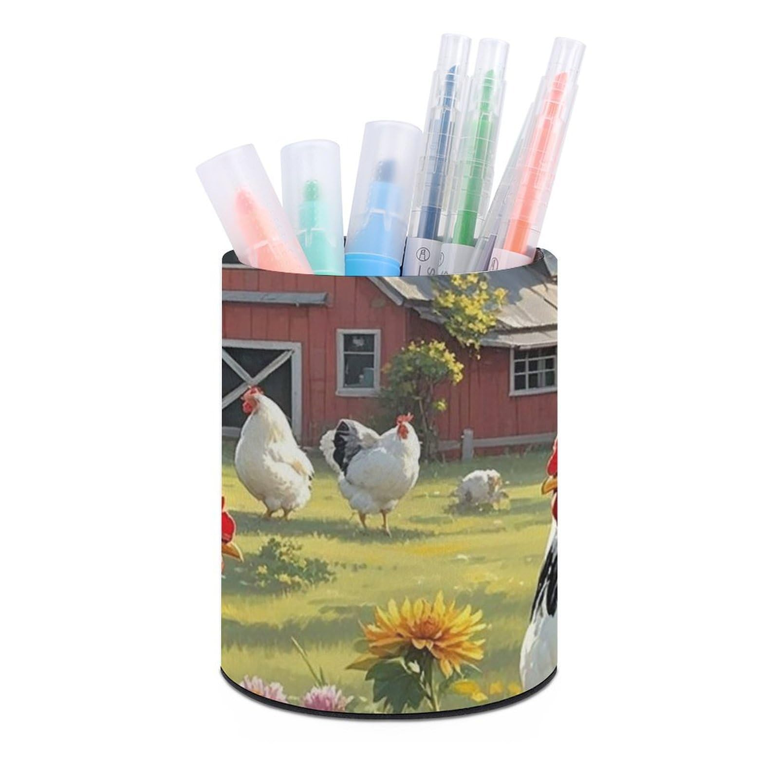 FekiLoot PU Leather Round Pen Holder Chickens And Farm Pencil Holder Desk Organizer Pen Organizer Pen Cup Pencil Cup Caddy Desktop Stationery Organizers for Office Home Supplies