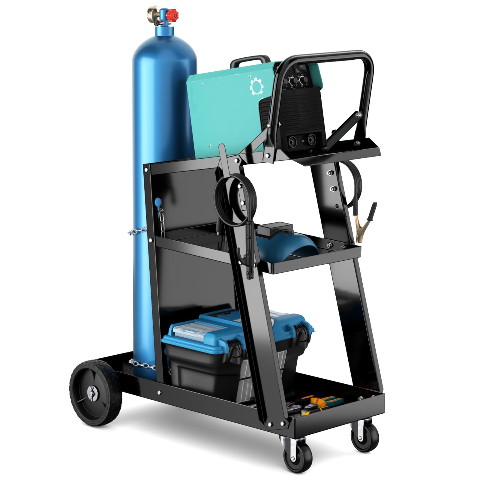 S AFSTAR 3-Tier Welding Cart, Rolling Welder Cart with Tilt-Table & 4 Wheels, Tank Storage Anti-Tippling Chains, Welding Machine Cart for TIG MIG