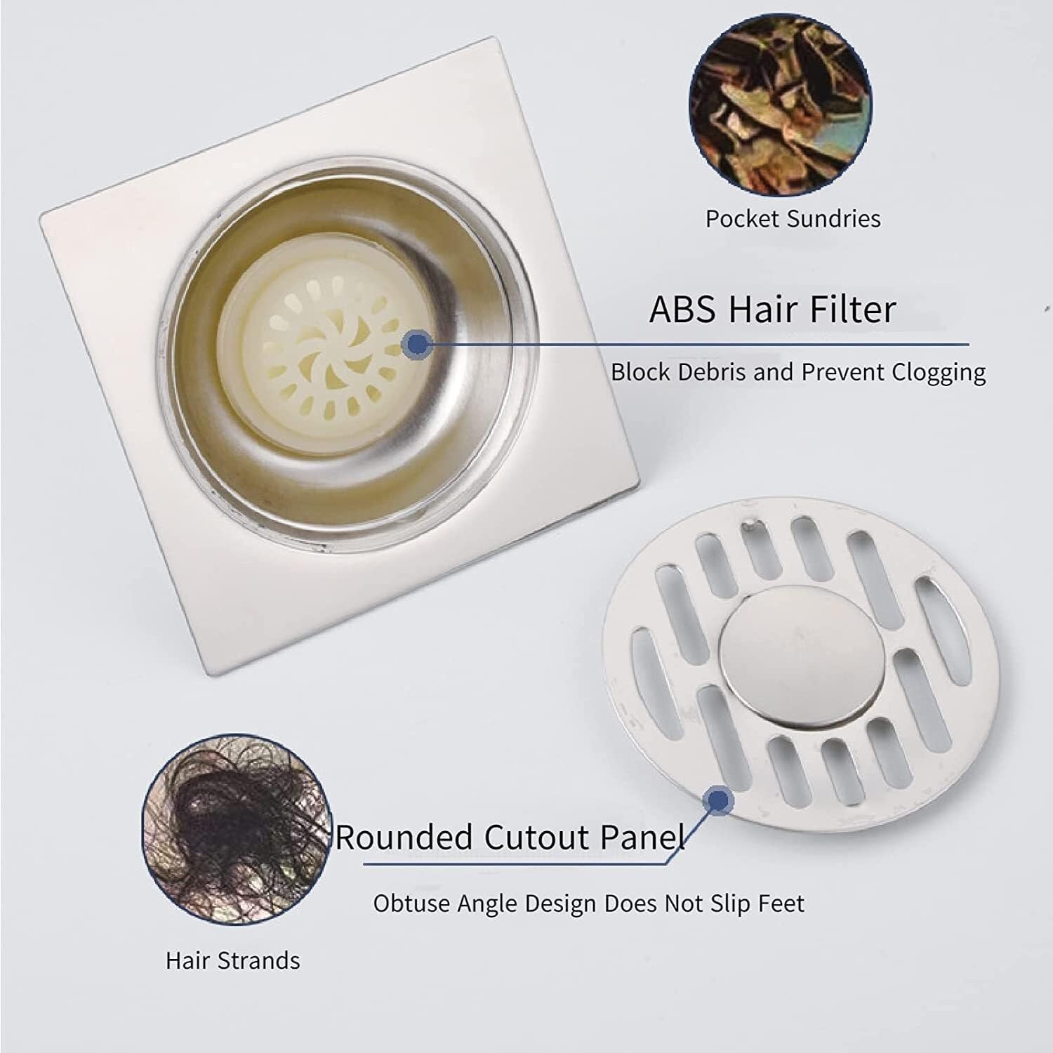 Stainless Steel Shower Floor Drain Cover - Square Shower Waste Drain for Bathroom Sink Accessory - Shower Floor Drain for Smooth Water Flow and Easy Cleaning