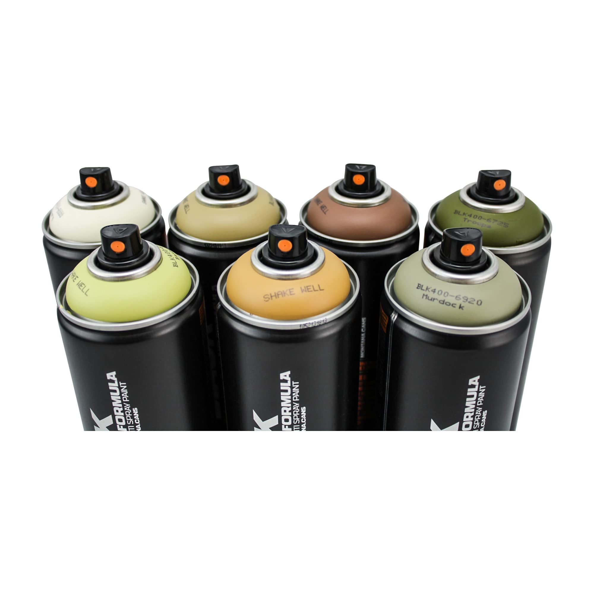 Montana Black TARN CAMOUFLAGE Spraydosen Set – 7 Dosen à 400 Ml, Mit 22 Toro Forte Sprühköpfen