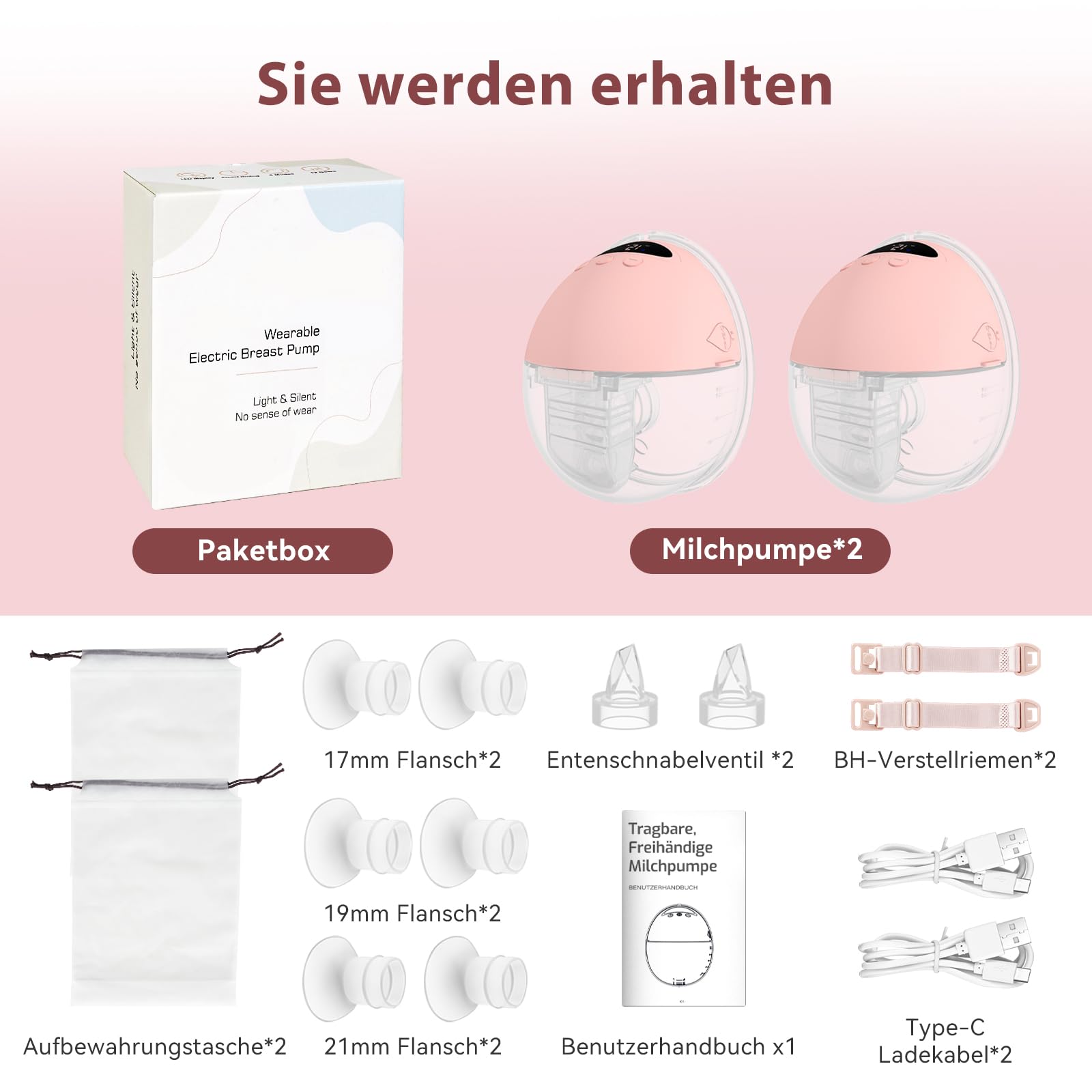 Milchpumpe Elektrisch Handsfree, Tragbare Milchpumpe Freihändig & Leise, 4 Modi und 12 Saugstufen, Wiederaufladbare Elektrische Milchpumpe mit 19/21/24 mm Flansch (Pink, 21mm)