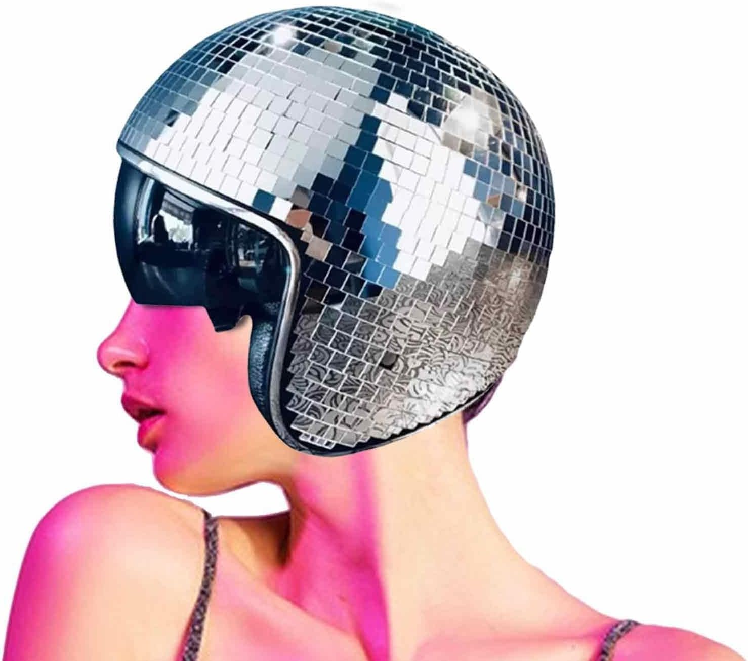 Casque de bal disco, casque de bal disco, casque de boule à paillettes miroir, avec visière rétractable, pour fête DJ