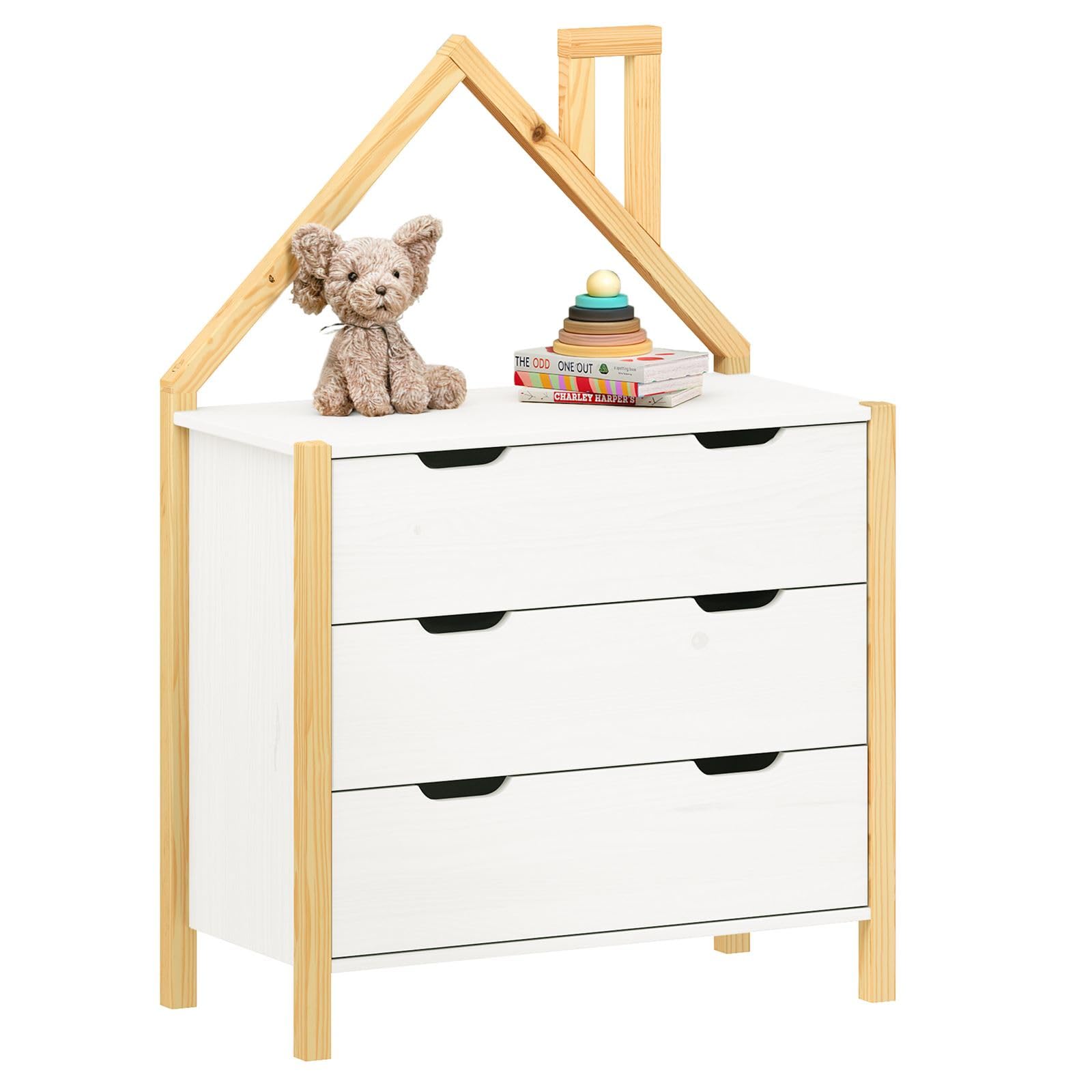 IDIMEX Cassettiera ELANO a forma di casa – bianco in legno di pino massiccio, 3 cassetti grandi, per cameretta dei bambini, armadio, cassettiera