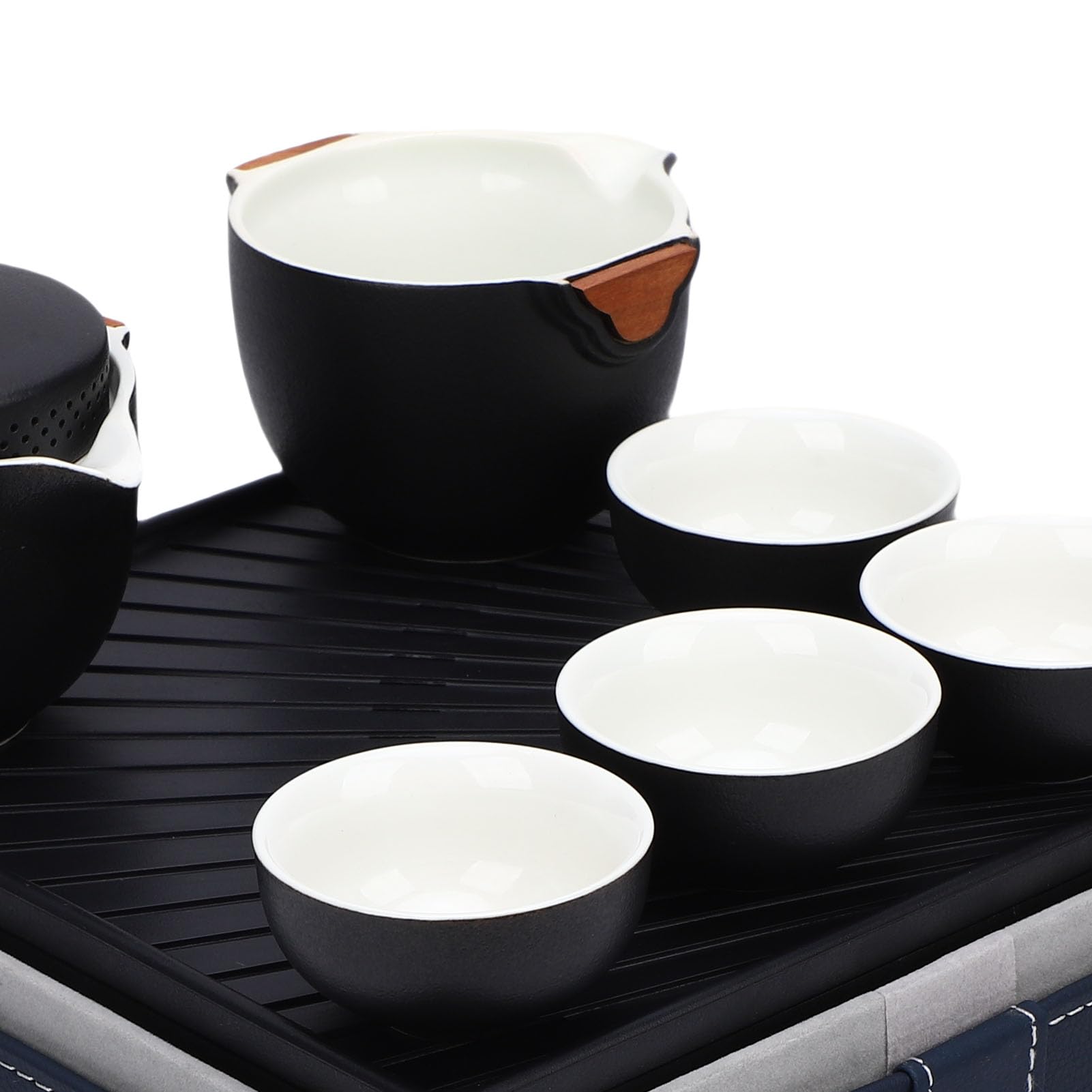 Keramik-Kungfu-Teeset, tragbares Reise-Teekannen-Tassen-Set mit Aufbewahrungstasche, Teetablett, faires Tassenreinigungstuch für Büro, Zuhause, Picknick, Geschäftsreise, Schwarz,