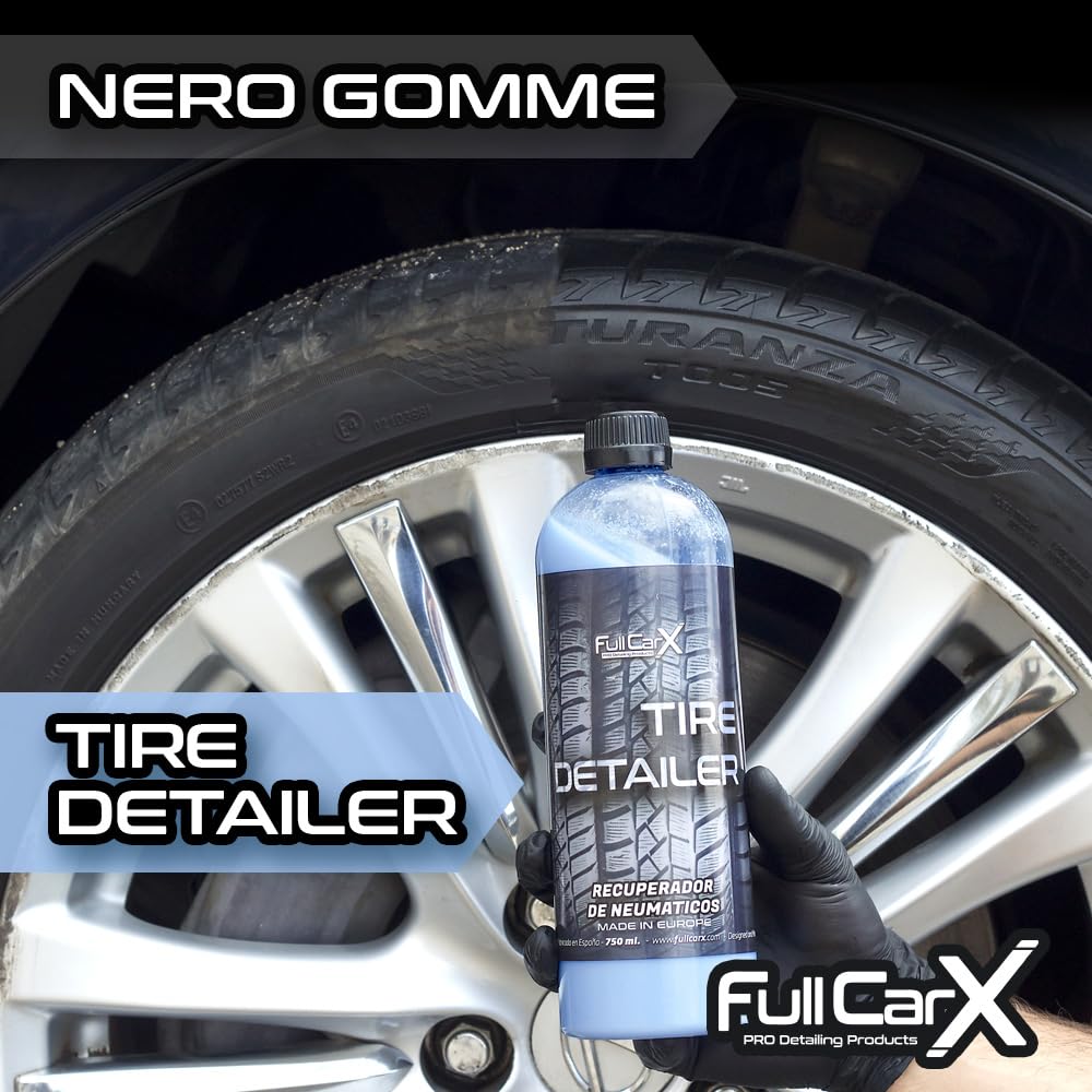 FULLCARX Tire Detailer 750ml Nero Gomme Auto, Rinnova Plastiche Rapido ed Efficiente, Lucida Pneumatici, Finitura Satinata, Nero Intenso Ruote Paraurti, Prodotto Pulizia Professionale Detailing