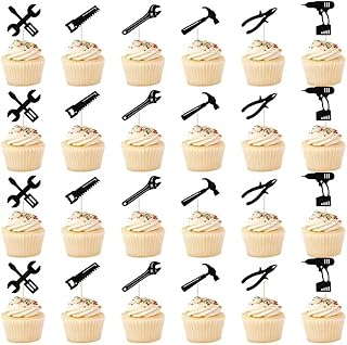 24PCS Tools Cupcake Topper，Wrench Hammer Drill Pliers Handsaw Tape Measure Screwdriver Construction Tools Cake Decorating，Boys Men Birthday Cake decoration，Labor Day Party Decorations