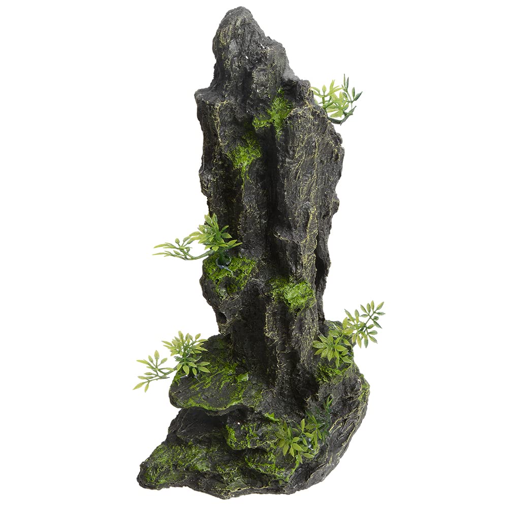 ANRUI Aquarium Mountain View Stone Decorations Resin Rock Aquascaping Hiding Cave Ornaments Large Fish Tank Accessories Decorations with Small Plants, 14.4inch Tall