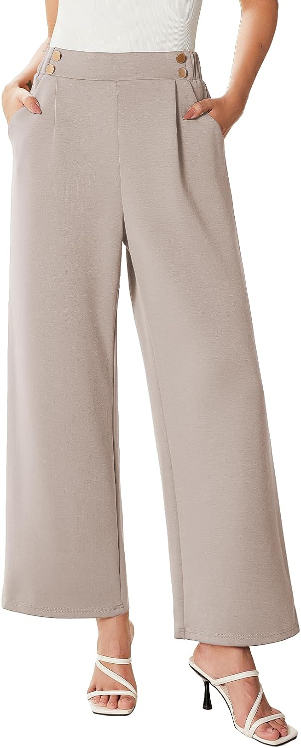 EVALESS Womens Wide Leg Work Pants Straight Elastic High Waisted Double Button Trousers Business Casual Pants with Pockets