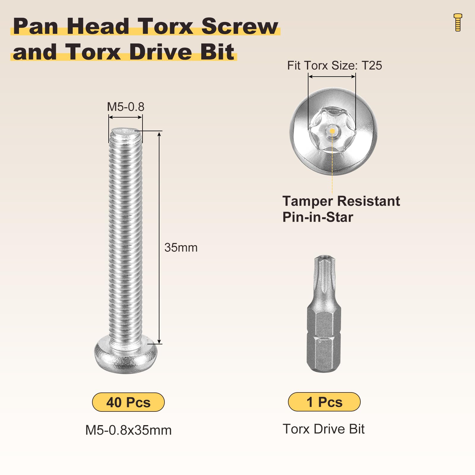 METALLIXITY Pan Head Torx Security Screw Bolts (M5-0.8x35mm) 40pcs - Image 2