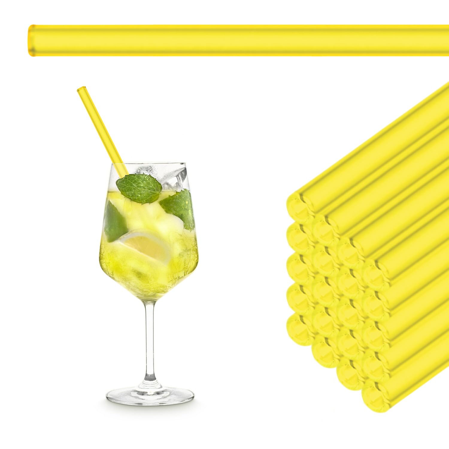 HALM Neon Gelbe Glas-Strohhalme Wiederverwendbar Trinkhalm - 50 Stück gerade 20 cm für Gastronomie, Restaurant, Bar, Cafe, Hotel - Spülmaschinenfest - Glastrinkhalme