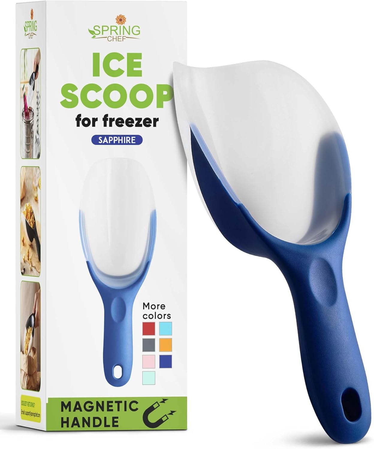 Spring Chef Magnetic Ice Scoop for Freezer - Contoured Translucent Flexi-Plastic Food Scooper with Comfortable Handle, Kitchen Scoop for Ice Machine, Popcorn, Flour, Pet Food, Dry Goods - Sapphire