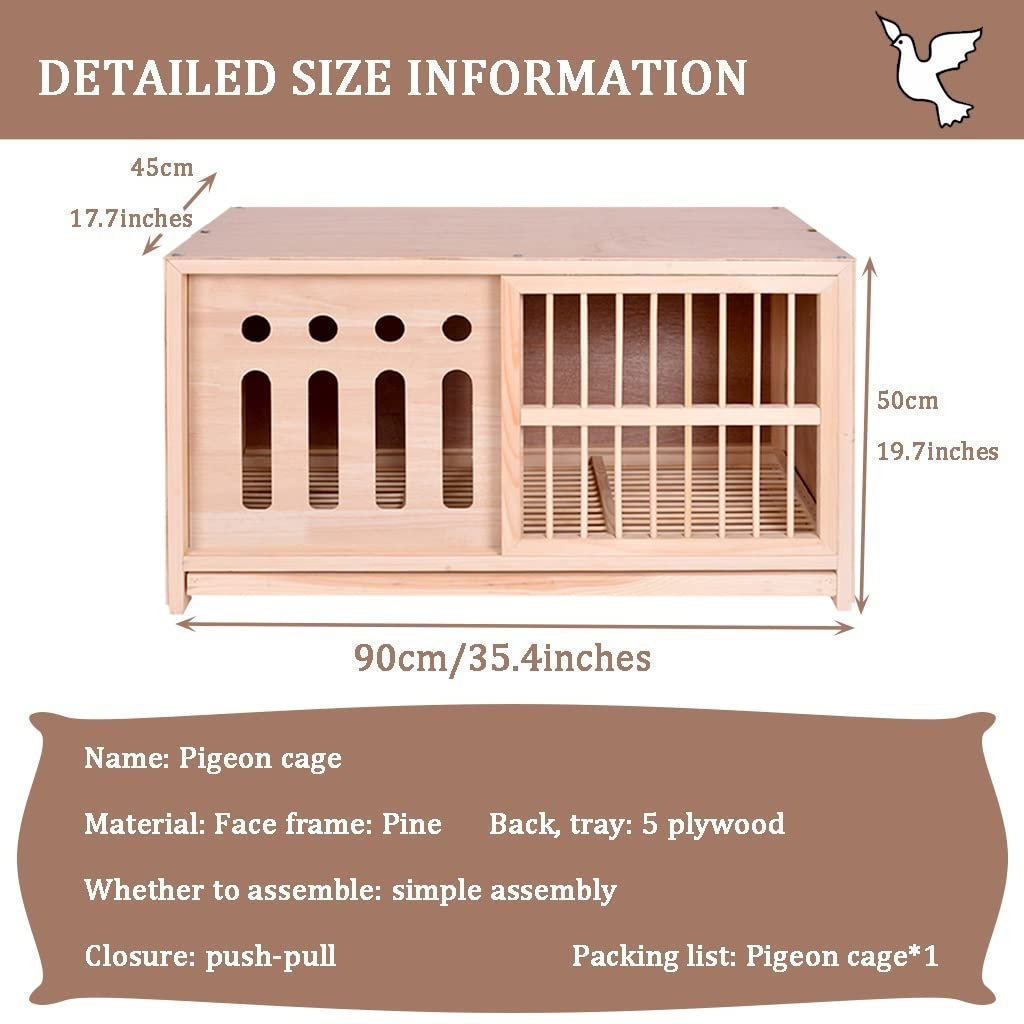 Nido para Palomas con Puerta Semi-Oculta, Jaula para Palomas con Bandeja para Heces, Jaula para Cría con Puerta Corredera, Caja De Apareamiento De Pájaros De Pino Resistente(Natural,90 * 45 * 50cm)