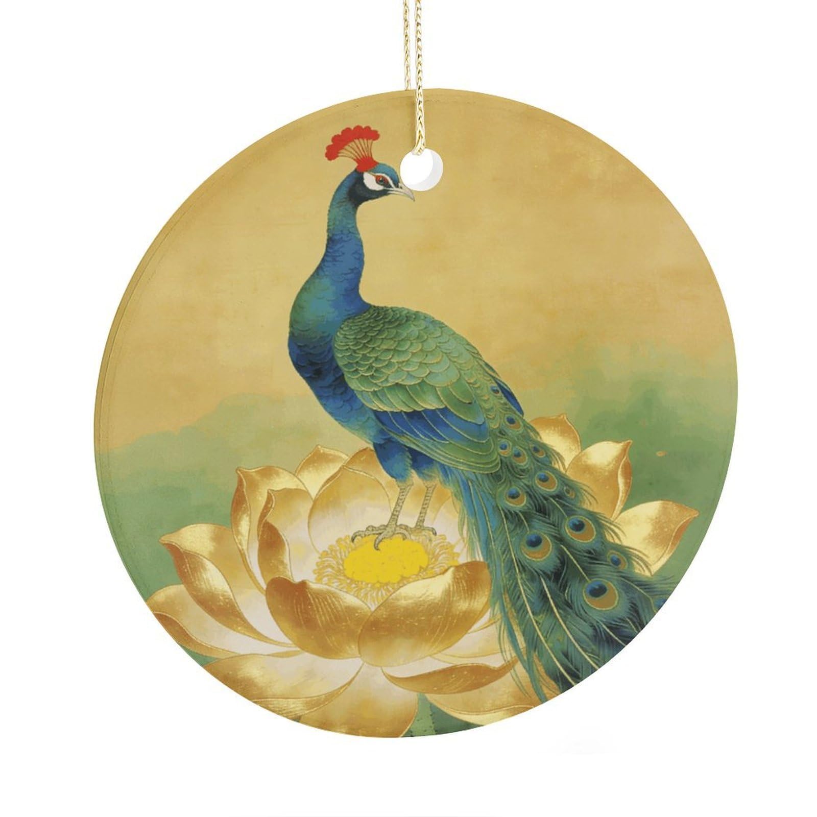 Fodpand Women's Style Peacock On Golden Lotus Ceramic Christmas Ornament,Wall Hanging Decor Windows Hanging Decor Best Friend Birthday Gifts, Friendship Gifts Car Hanging Ornament Gift For Girls, Teachers 2.9 In