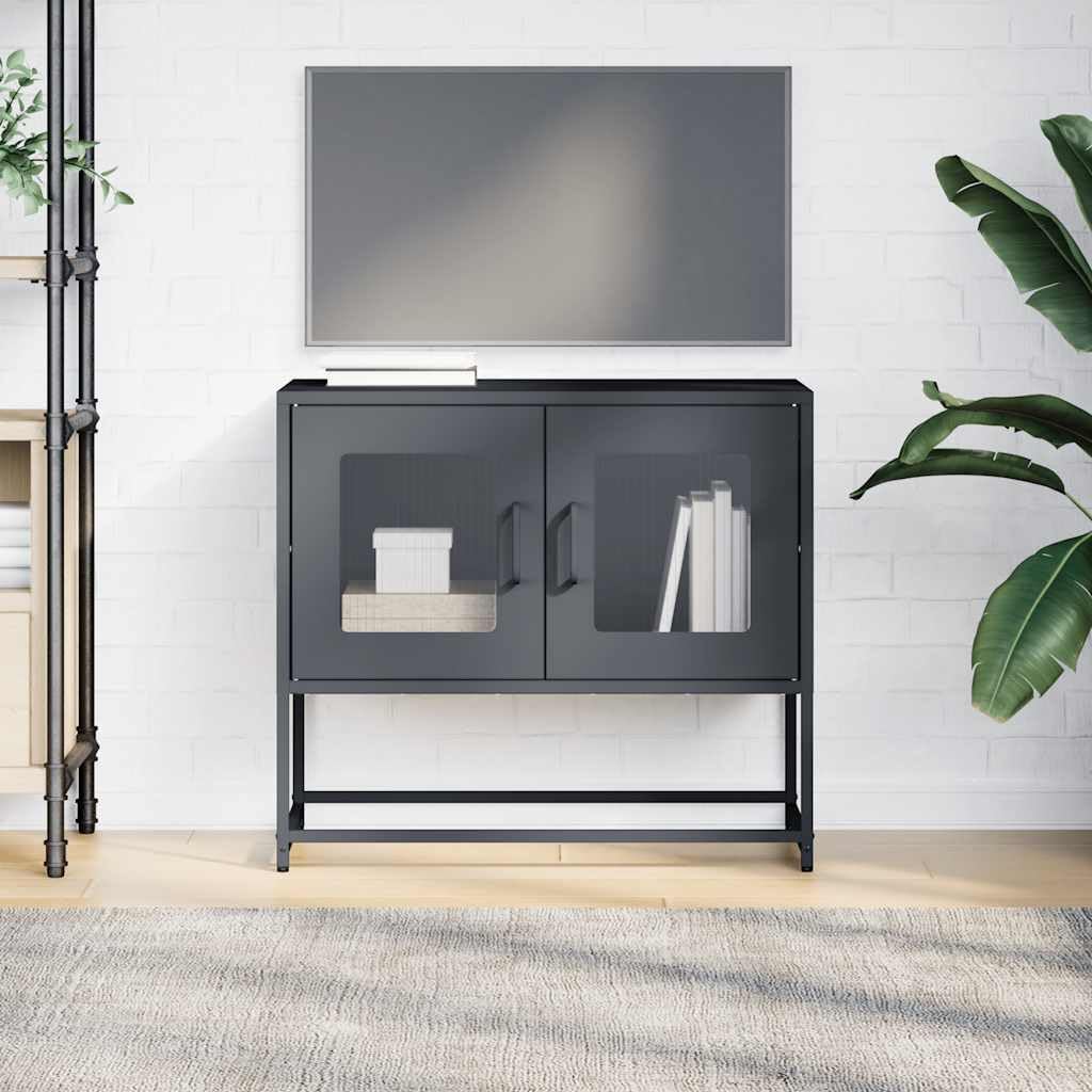 Mobile TV antracite in acciaio laminato a freddo, 68 x 39 x 60,5 cm, con vano portaoggetti, maniglie e piedini in metallo, per soggiorno, camera da letto, gaming e home theatre