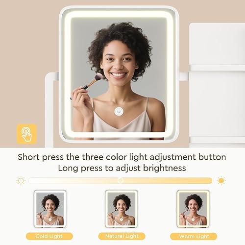 Miniatura 5 de Escritorio de maquillaje con espejo y luces, tocador pequeño con cajón de almacenamiento de tela, silla y estantes, juego de tocador de maquillaje