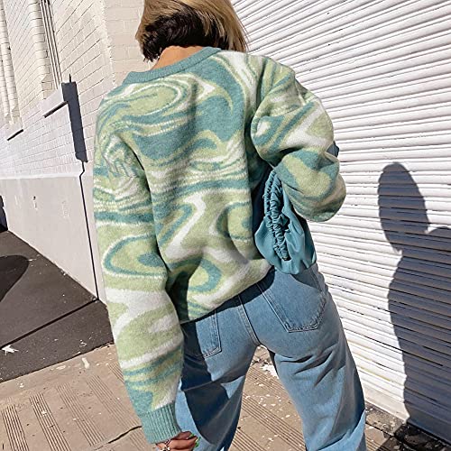 Missactiver Women Casual Knitted Mock Neck Sweater Print Colorblock Long Sleeve Loose Fit Pullover Knitwear(Small,Green) #TOP2