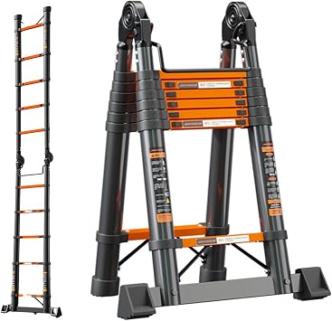 11.2FT-24.3FT Telescoping Ladder for Loft Access, A-Frame Steel Extension Folding Ladder with Triangle Support, 330lbs Capacity Sturdy Tool for Household Cleaning1.7+1.7m