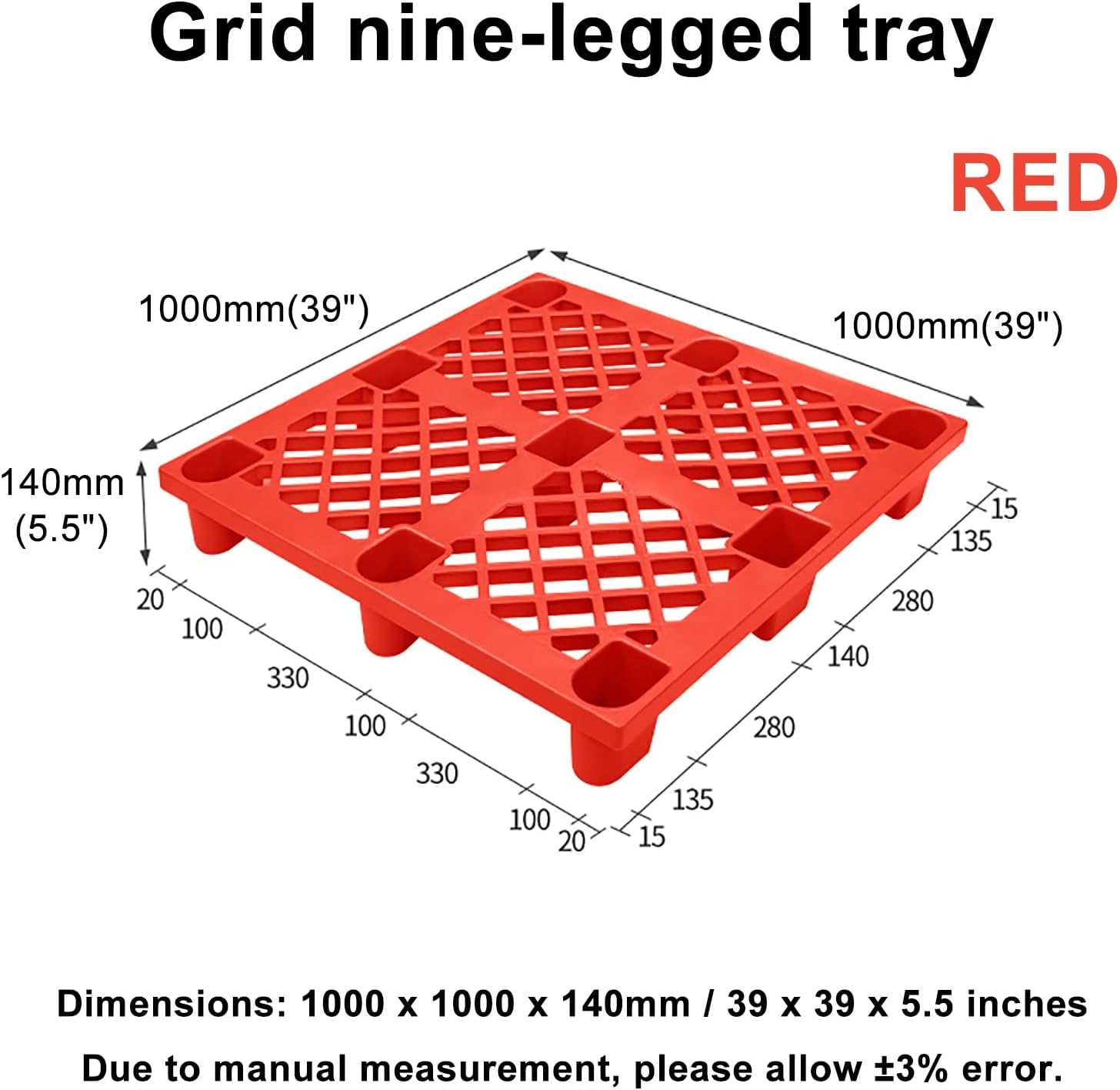 Plastic Pallets, Waterproof Floor Storage Pad, Interlocking Pallet, Nestable Moisture-Proof Floor Pallets for Garage, Warehous, Packe, Supermarket, Basement(Red,100x100cm/39x39in)