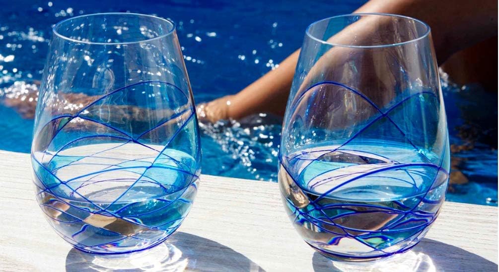 Sagrada Barcelona Stemless Wine Glasses Set of 2 (21 Oz) - Handblown & Handmade, Painted Blue Wine Glass, Gifts for Women, Birthdays, Anniversaries, and Weddings - 2 Unit (Set 2)