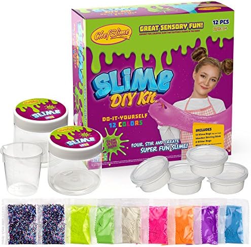 Chefslime Slime Making Science Supplies Kit DIY [26 Pieces] Create Your Own Fluffy & Stretchy Slime, Includes 12 Slime | 6 Glitter | 4 Jars| 2 Mixer cups | measurement cup, Mixing Stick, Instructions
