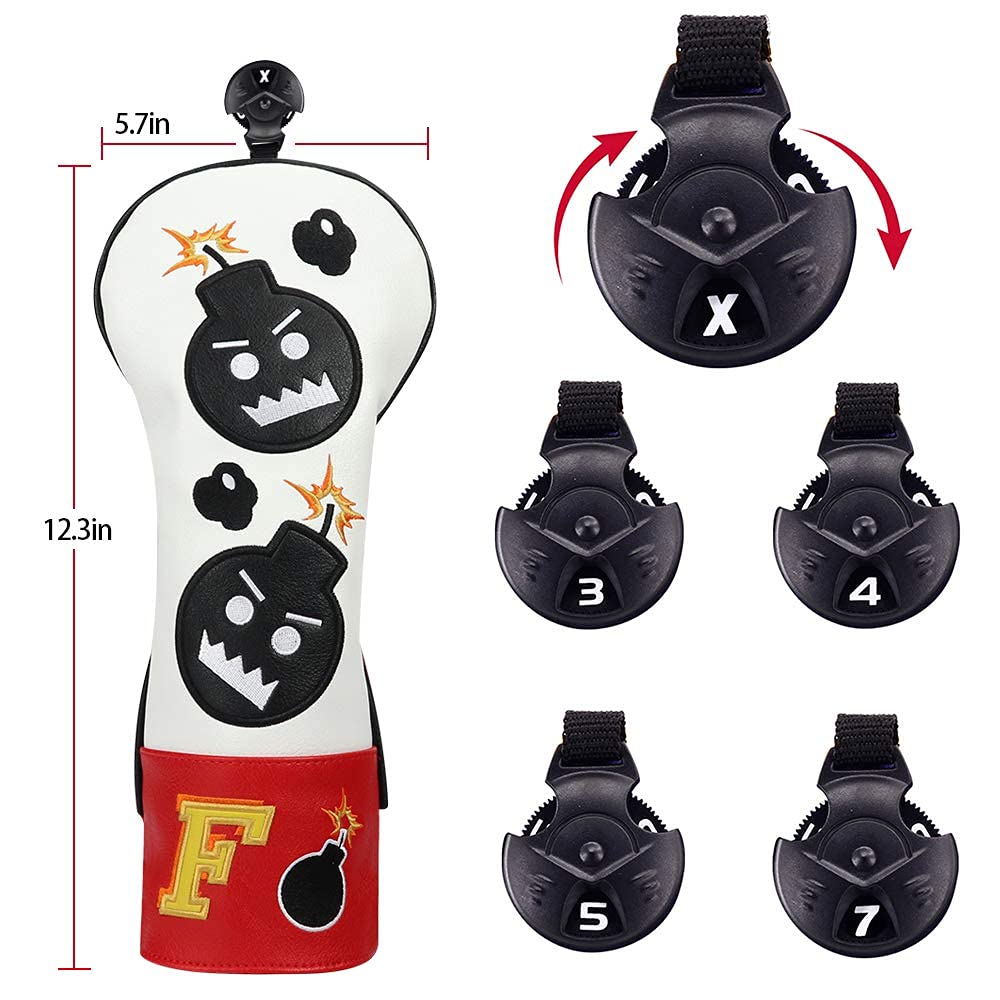 Craftsman Golf Driver Headcover Embroidery Bomb, PU Leather Golf Head Covers Driver Fairway Wood Hybrid Blade Putter Headcover