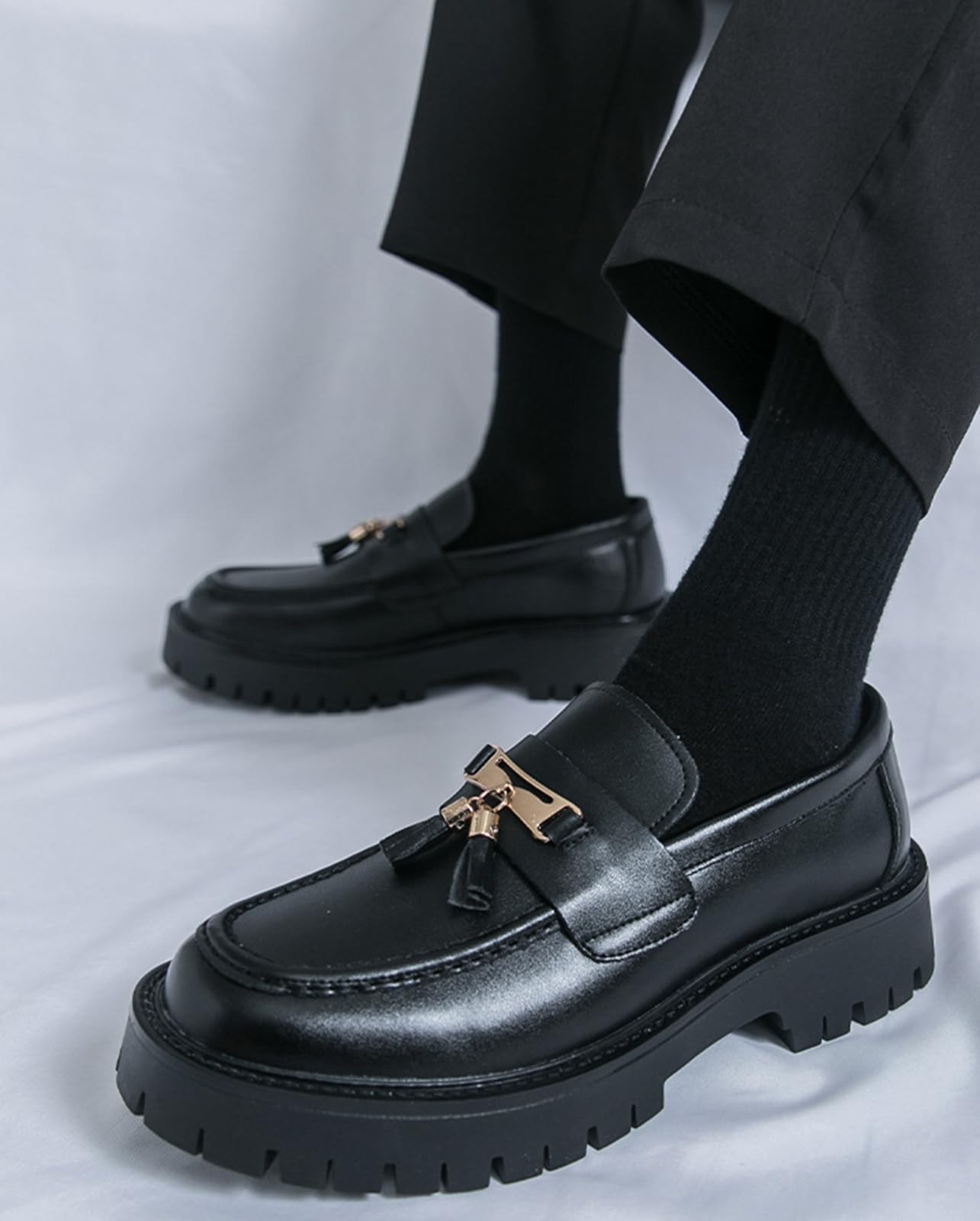 Mocasines Hombre Piel PU con Borlas Zapatos Vestir Casual Suela Gruesa
