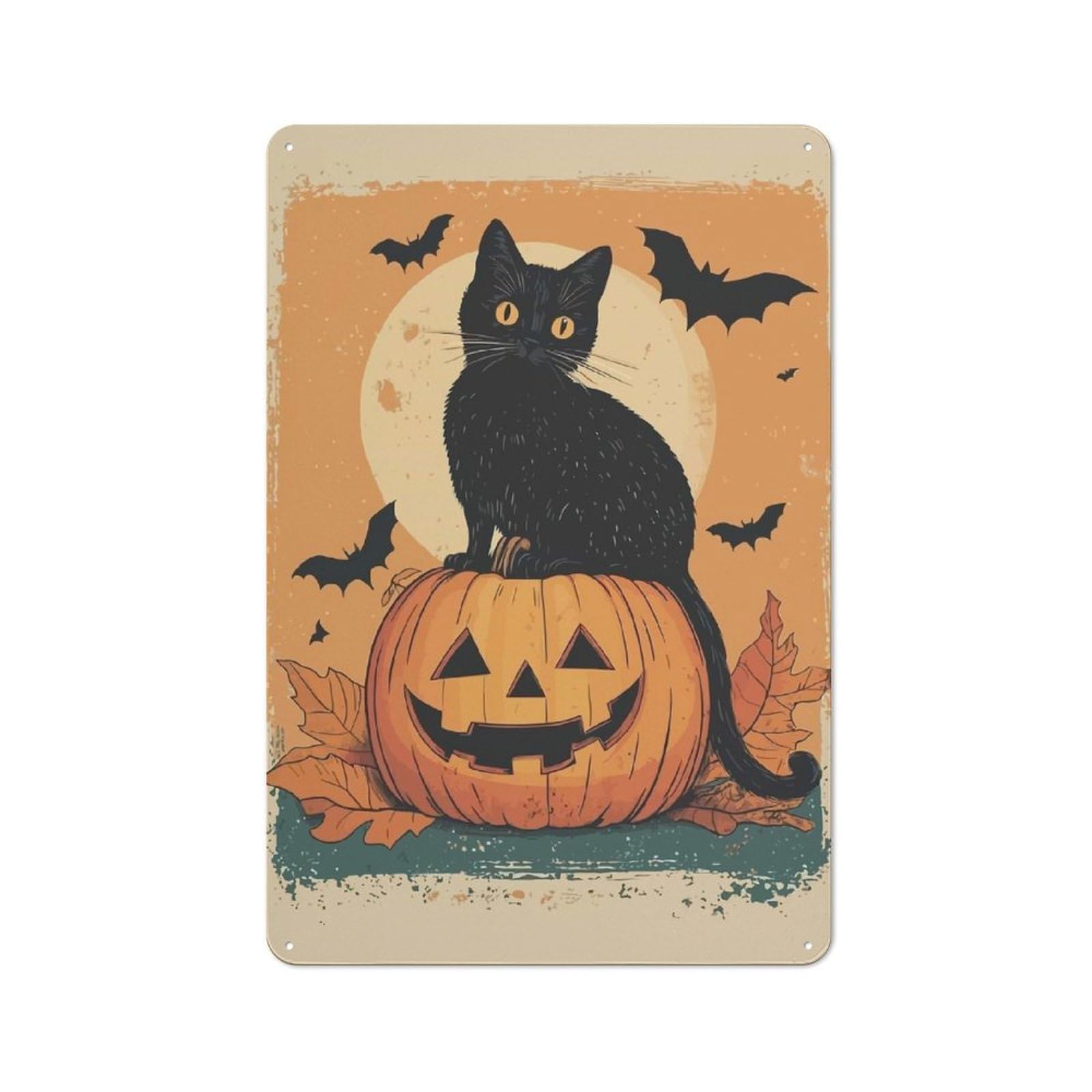 Junmoney Black Cat On Pumpkin Metal Sign 30X20cm With For Pub Or Café, Retro Decor, For Cooler-Month Interiors With Retro Character