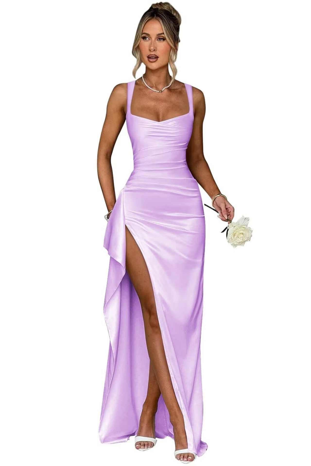 Square Neck Satin Prom Dresses with Ruffles Side Slit Mermaid Spaghetti Straps Formal Evening Party Gown