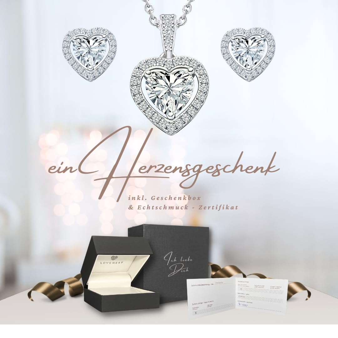 LOVENEST Schmuck Set Damen Silber 925/Rosegold/Gold ZIRKONIA | Herz Schmuckset 3tlg. zum Geburtstag Hochzeitstag Weihnachten | Kette und Ohrringe Set | Geschenk für Frau Ehefrau Freundin