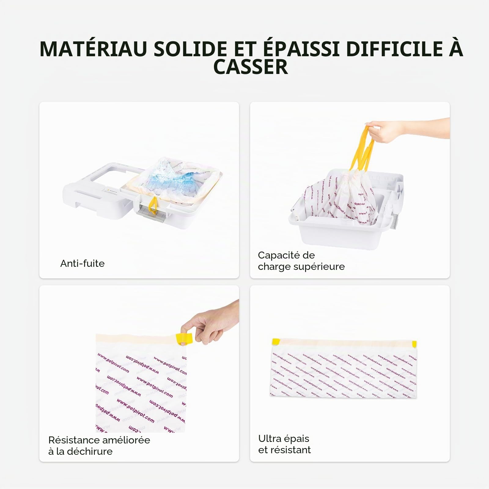 PetPivot 60 sacs à poignées pour bac à litière autonettoyant, sacs à litière résistants avec cordon pour PetPivot(3 rouleaux)