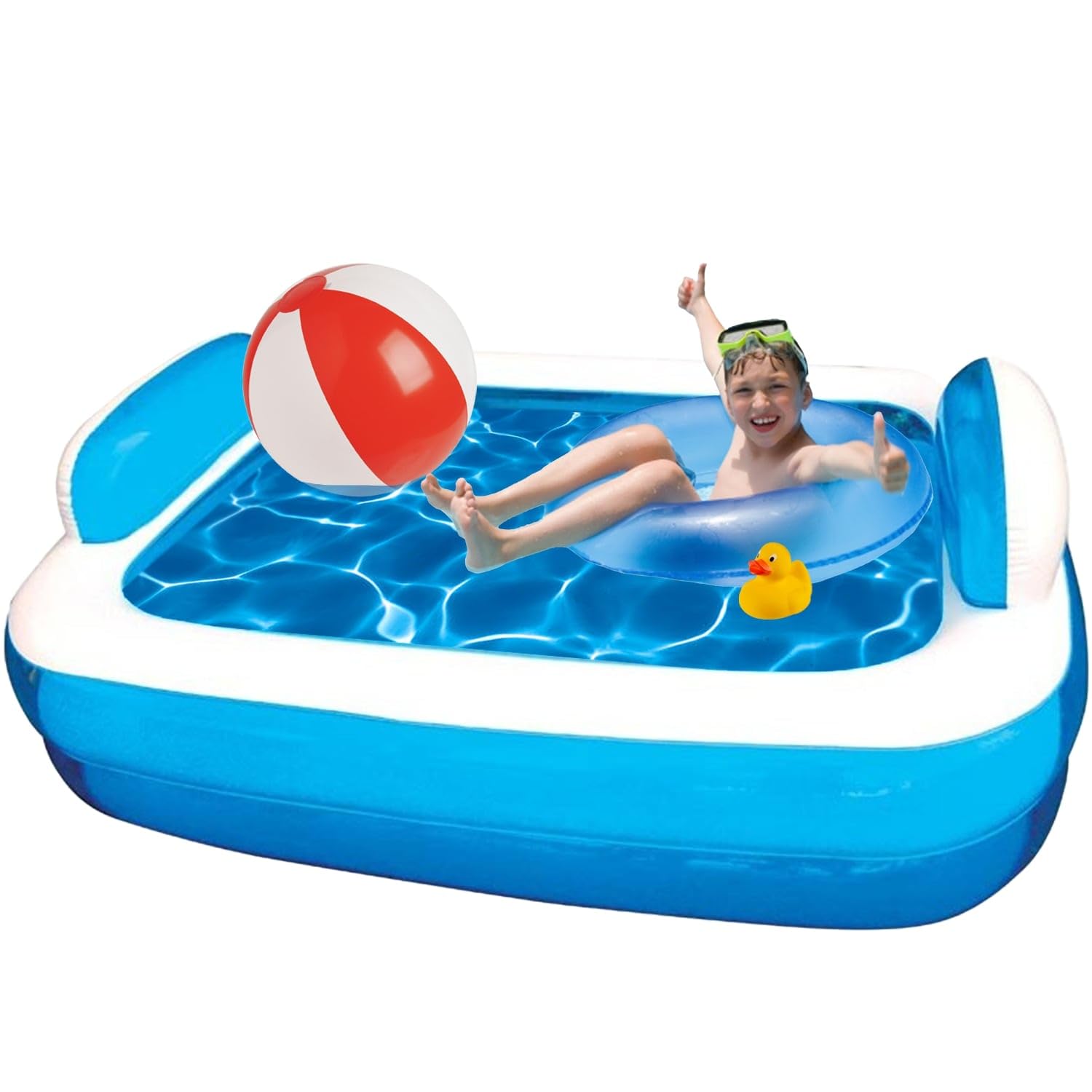 Sicignano | Piscina Gonfiabile Rettangolare per Bambini +3 Anni – PVC Resistente, Valvola Scarico Rapido, Kit Riparazione Incluso (Azzurro, 266x175x50h cm)