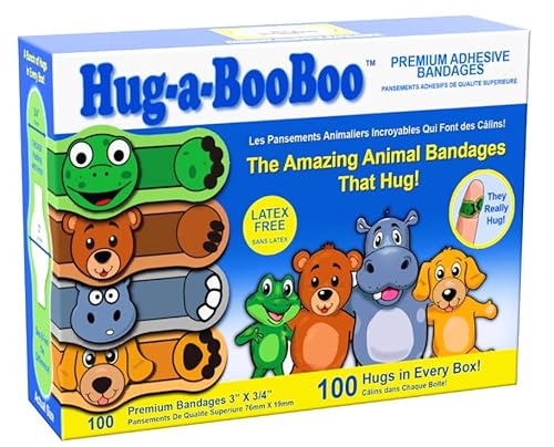 Super Fun Kids Bandages by Hug-a-BooBoo! The Amazing Animal Bandages That Hug! Children’s Favorite Stuffed Animal Designs – Hippo, Puppy, Teddy Bear & Frog! Family Bulk Pack Assortment -100ct Box