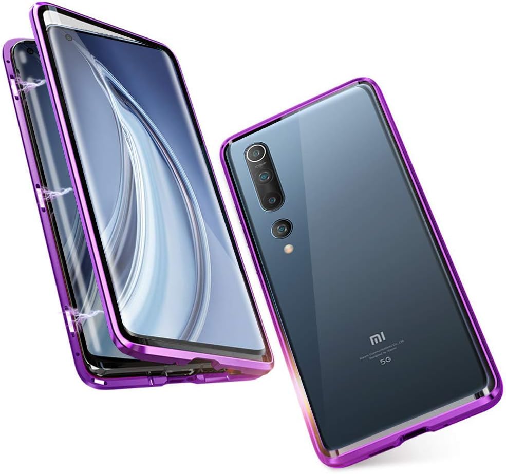 Case for Xiaomi Mi 10 / Mi 10 Pro Magnetic Adsorption Cover 360 Degree Protection Aluminum Frame Tempered Glass Powerful Magnet Shockproof Metal Flip Cover - Purple