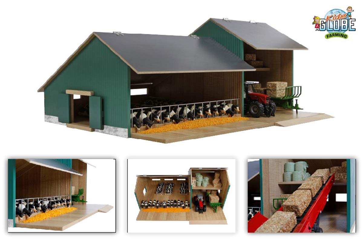 Kids Globe 610200 Wooden Cow Hutch with Warehouse, Hinged Roof, Farm with Scale 1:32, Wooden Farm, Wooden Hutch, Farm Toy