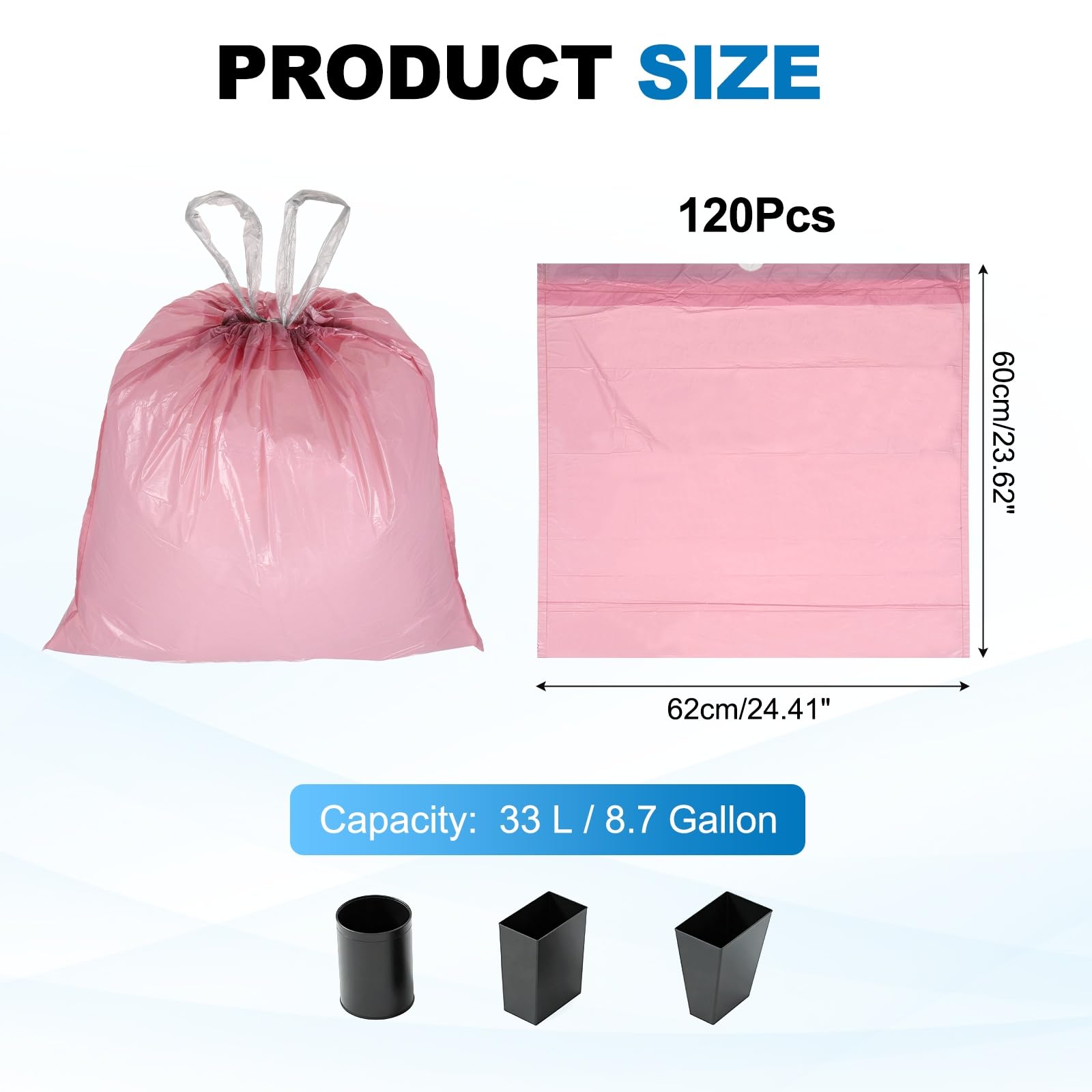QUARKZMAN 120 Bolsas De Basura Con Cierre De Cordón, 8.7 Galones 24", Bolsas Para Cubo De Basura Sin Aroma, Diseño Resistente Al Desgarro Para Hogar Oficina Cocina Sala Rosa Dorado
