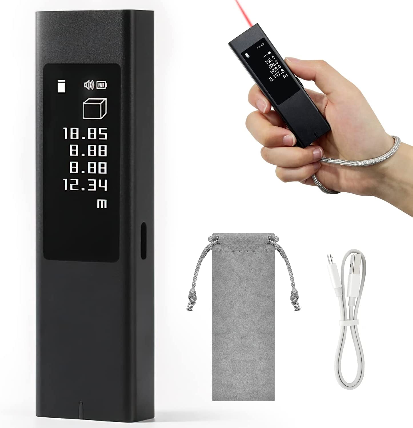 LS5 Mini Laser Measurement Tool, Touch screen Laser Tape Measure Distance Meter 131FT/40M, Digital Angle Level Range Finder Devices with Type-C Charging.