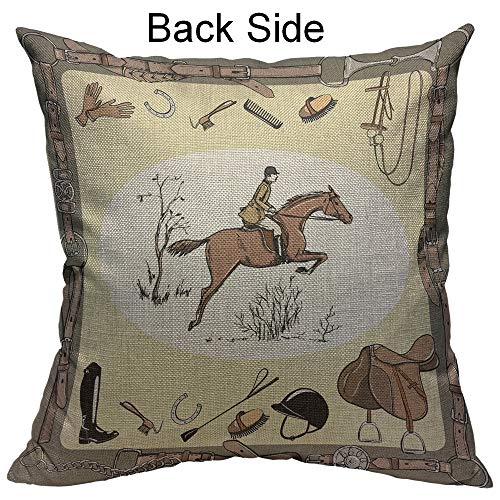 Mugod Equestrian Sport Decorative Pillow Case Horse Rider Saddle Bridle Stirrup Brush Grooming Tool Throw Pillow Cover Home Decor Cotton Linen Square Cushion Cover for Couch Bed Sofa 16X16 Inch